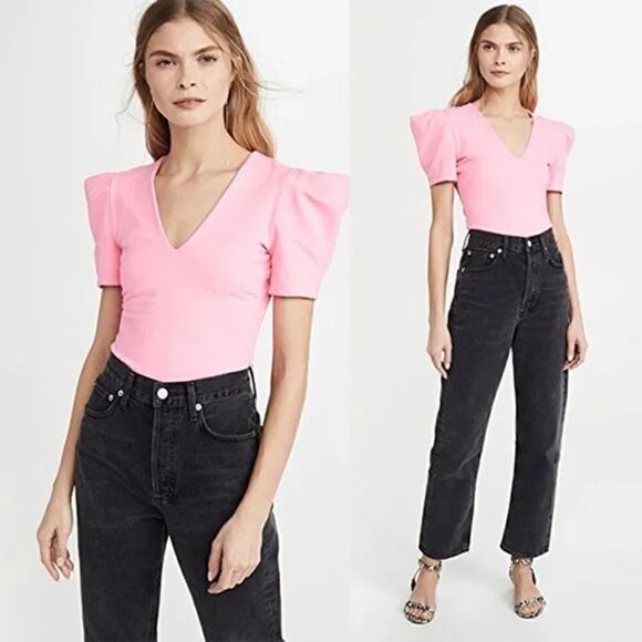 Susana Monaco Pleated Sleeve Deep V Top Knockout Pink Neon Puff Sleeve XS - Picture 1 of 6